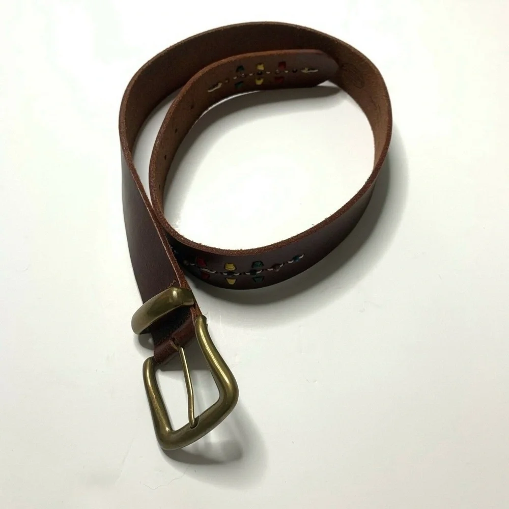 FOSSIL Belt Women Size Medium‎ Brown Leather Embroidery Beading BT9109